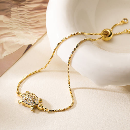 18K Gold Plated Copper Zircon Turtle Pendant Bracelet for Women, Unique Animal Jewelry Bracelet