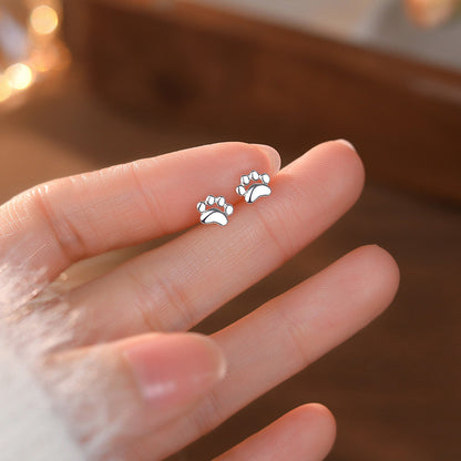 S925 Sterling Silver Needle Small Cat Paw Earrings for Women