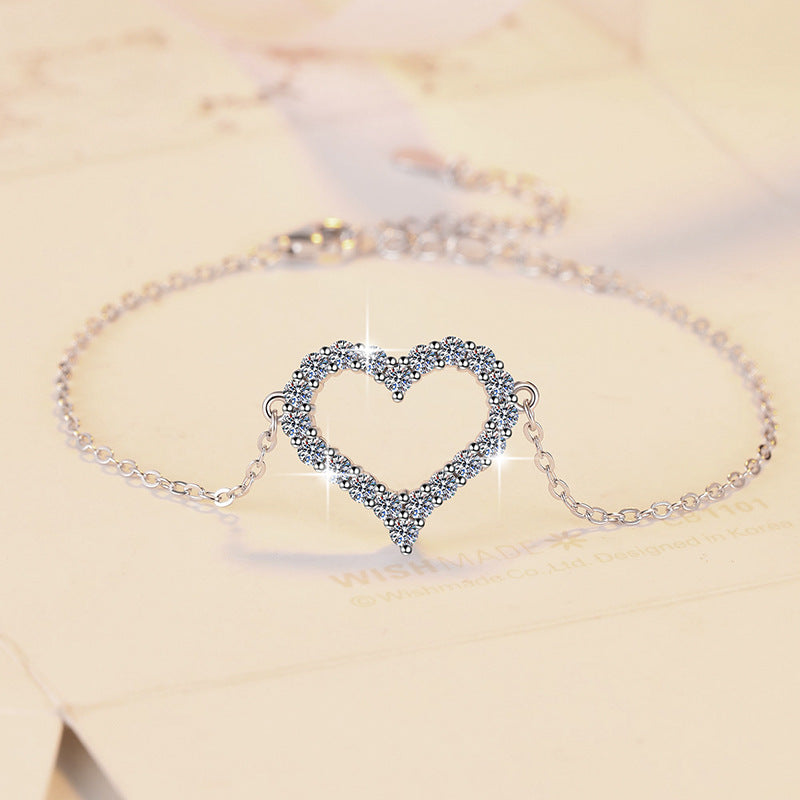 Korean Version Moissanite Bracelet S925 Sterling Silver Jewelry Heart-shaped Set Fashion Sweet Bracelet