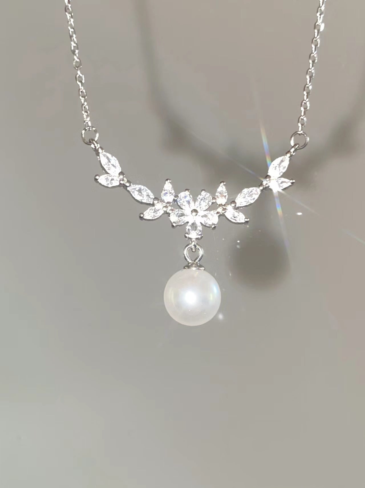 Zircon Flower Branch Pearl Necklace for Women