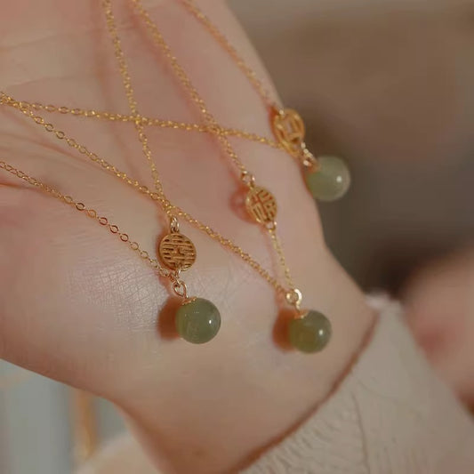 Fu Brand Double Happiness Money Hetian Jade Necklace for Women