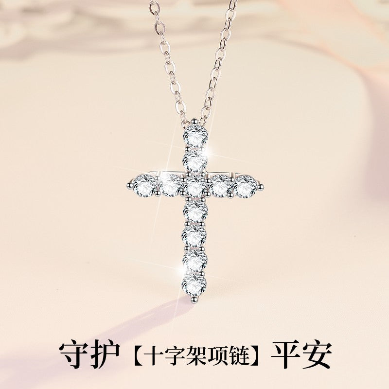 S925 Sterling Silver Women's Necklace Vintage Moissanite Pendant Guardian Peace Cross Clavicle Chain