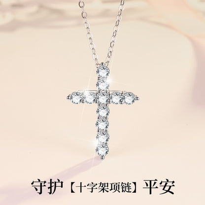 S925 Sterling Silver Women's Necklace Vintage Moissanite Pendant Guardian Peace Cross Clavicle Chain