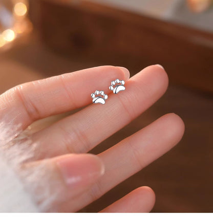 S925 Sterling Silver Needle Small Cat Paw Earrings for Women