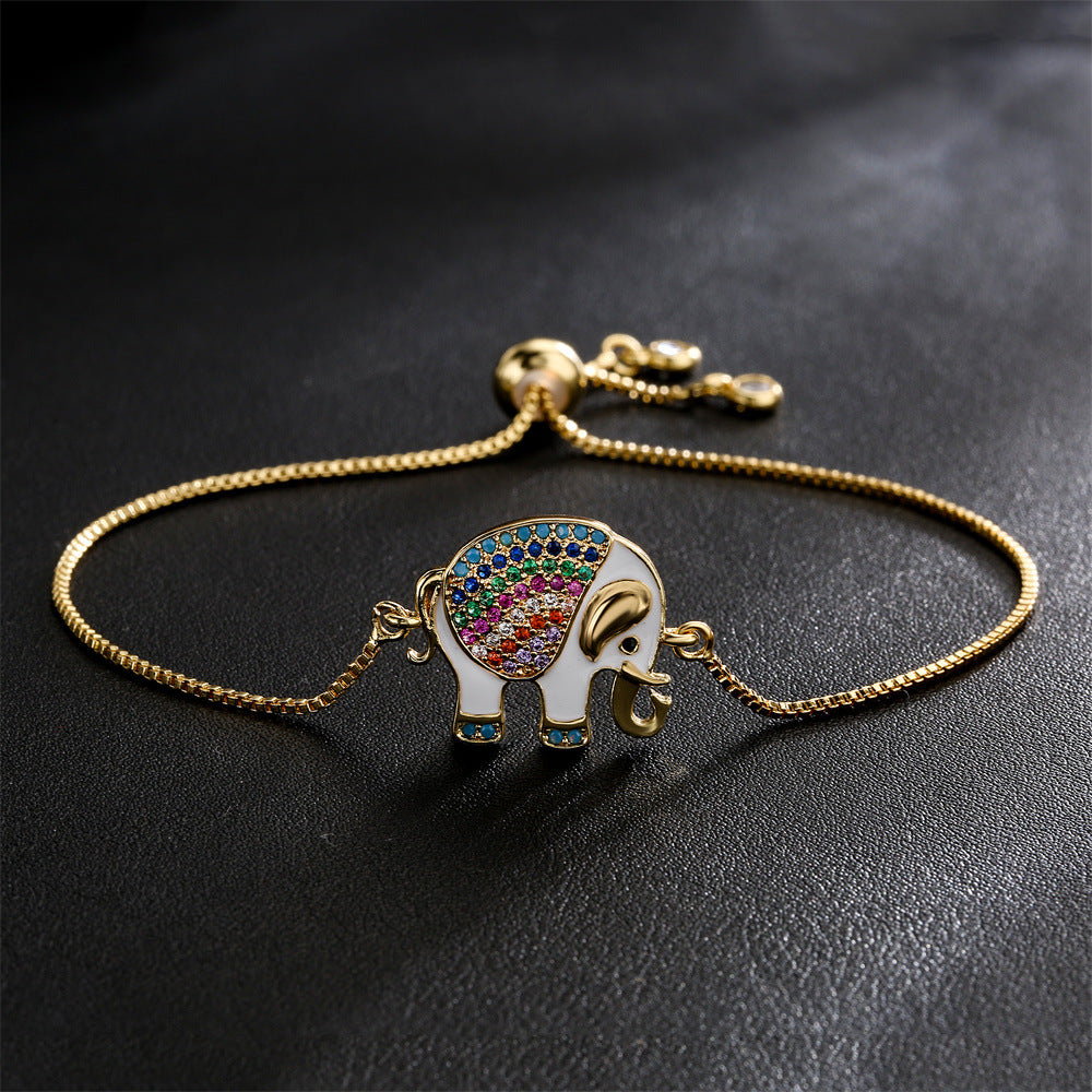 Oil-Drip Zircon Elephant Ornament Gold Bracelet Adjustable Pull Chain