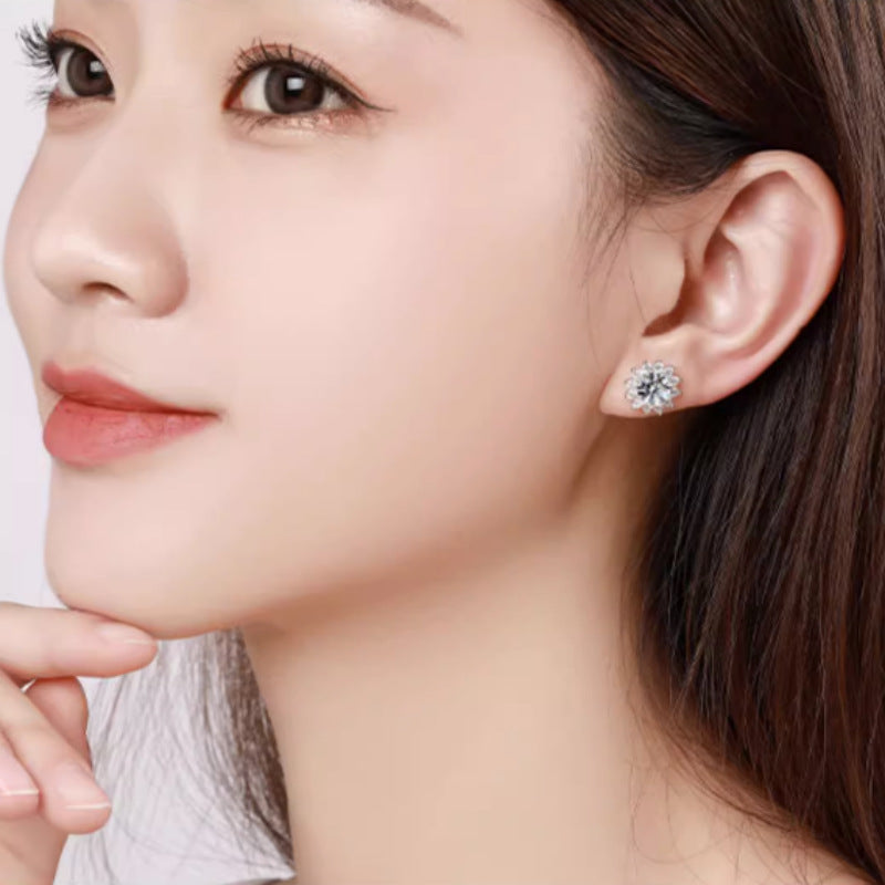 S925 Sterling Silver Earrings for Women Fashion Moissanite Earrings Sunflower Light Luxury Silver Jewelry