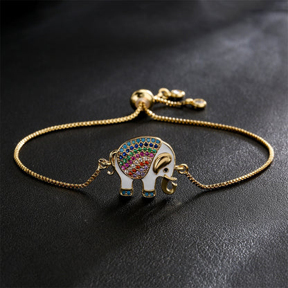 Oil-Drip Zircon Elephant Ornament Gold Bracelet Adjustable Pull Chain