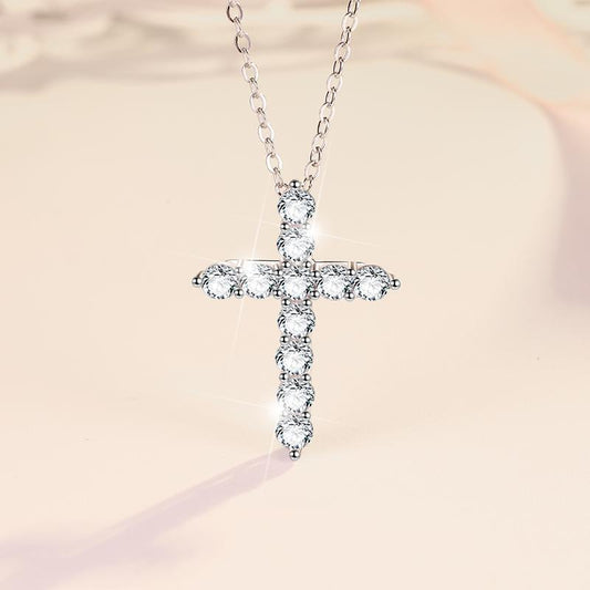 S925 Sterling Silver Women's Necklace Vintage Moissanite Pendant Guardian Peace Cross Clavicle Chain