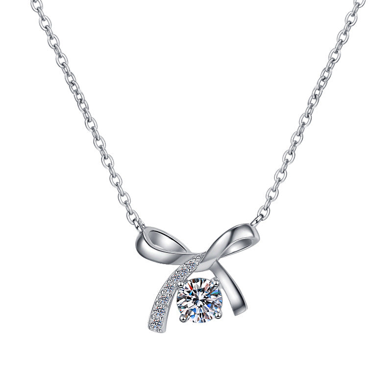 S925 Sterling Silver Necklace for Women with Bowknot Chain, High-end Fashion Jewelry Manufacturer, Moissanite Pendant Wholesale Cross-border