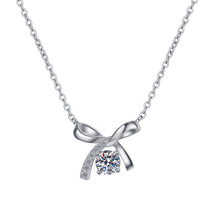 S925 Sterling Silver Necklace for Women with Bowknot Chain, High-end Fashion Jewelry Manufacturer, Moissanite Pendant Wholesale Cross-border