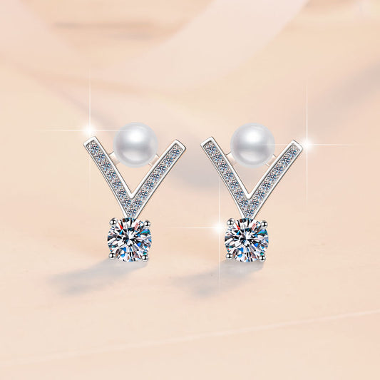 Sterling Silver Earrings V-Shaped Freshwater Pearl Earrings Inlaid with D Color Moissanite Elegant Light Luxury Women's Fashion Earrings