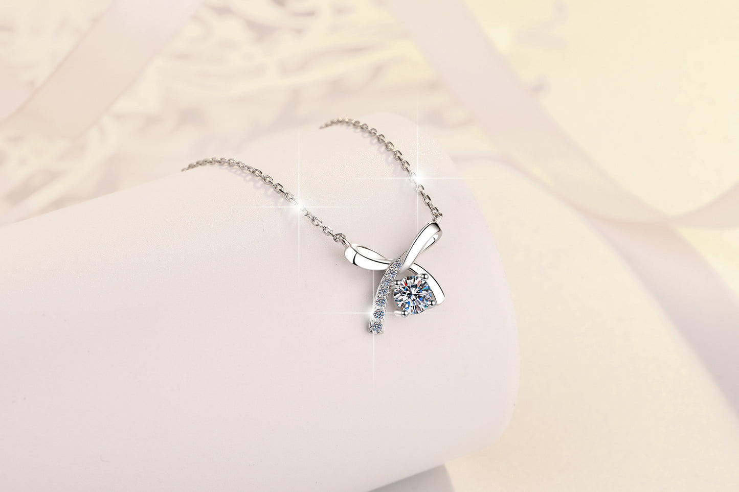 S925 Sterling Silver Necklace for Women with Bowknot Chain, High-end Fashion Jewelry Manufacturer, Moissanite Pendant Wholesale Cross-border