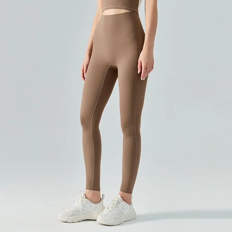 Women's High Waist Yoga Leggings - Double-sided Brushed Booty Lifting Fitness Pants for Running & Sports Green Brown White