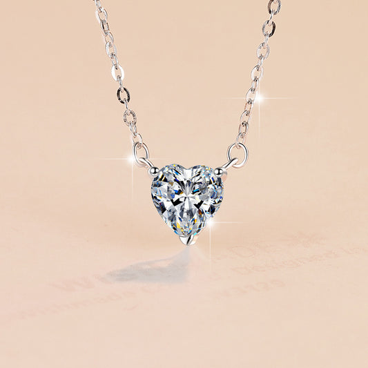 Sterling Silver Women's Necklace Heart-shaped Moissanite 1CT Carat Pendant Fashion Korean