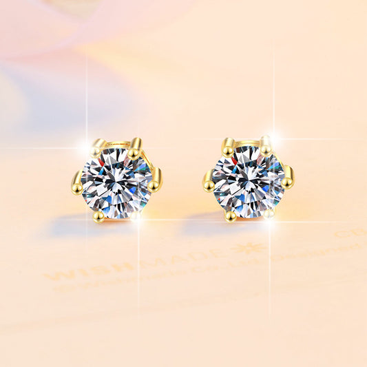 925 Sterling Silver Earrings for Women Simple Classic Six-Prong 18K Gold Plated Moissanite Jewelry