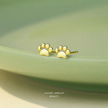 S925 Sterling Silver Needle Small Cat Paw Earrings for Women