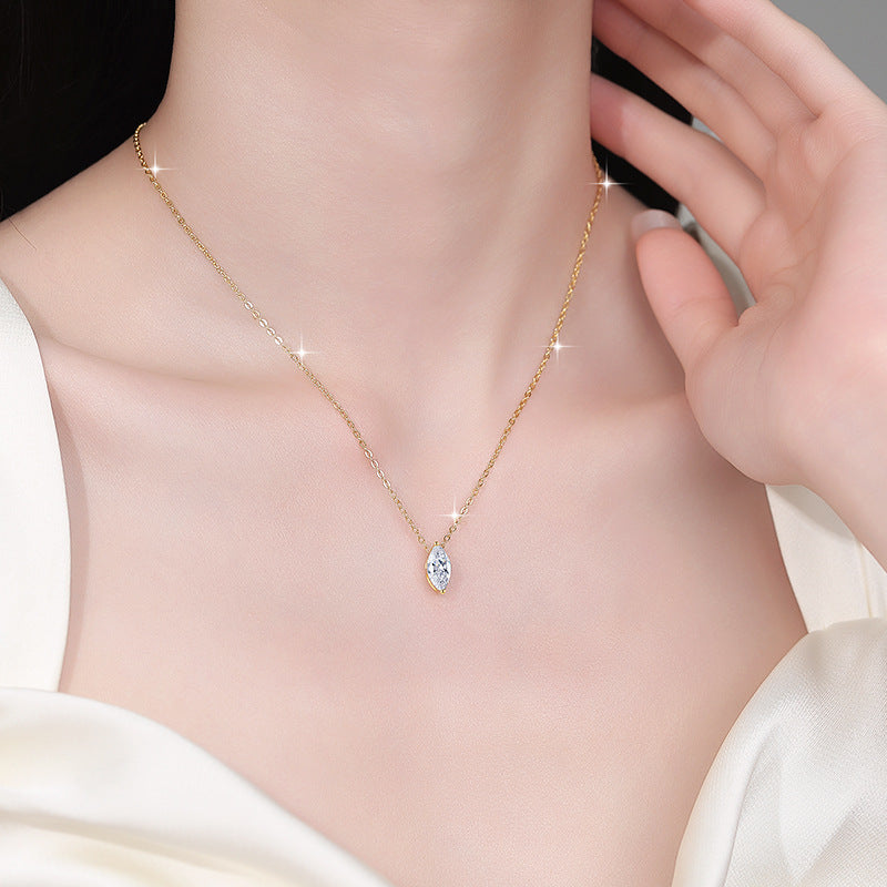 S925 Sterling Silver Necklace 1 Carat Marquise Moissanite Pendant 18K Gold Plated Clavicle Chain for Women