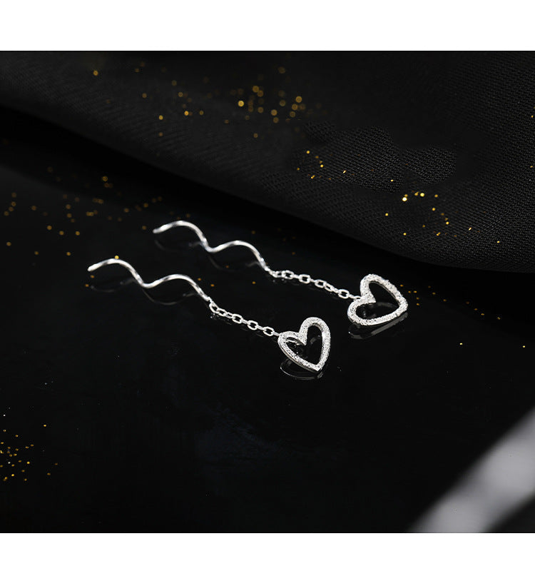 Long Hollow Heart Wave Threader Earrings for Women, Ins Style