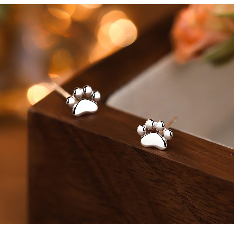 S925 Sterling Silver Needle Small Cat Paw Earrings for Women