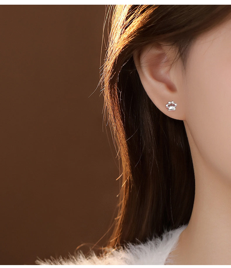 S925 Sterling Silver Needle Small Cat Paw Earrings for Women