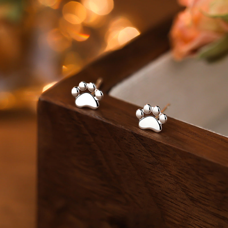 S925 Sterling Silver Needle Small Cat Paw Earrings for Women