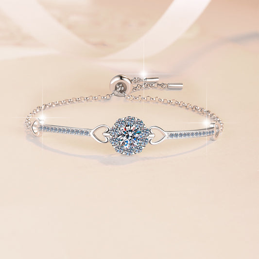 Moissanite Bracelet Adjustable Push-Pull Beads Round 1 Carat Fashion Light Luxury 925 Sterling Silver Bracelet for Women