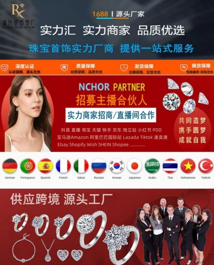 s925Sterling Silver Bracelet1Carat Plated pt950Fashion Versatile Jewelry Manufacturer Cross-Border Moissanite Hand Jewelry Wholesale