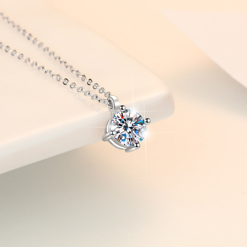 S925 Sterling Silver Clavicle Chain Classic Four-Prong One Carat Fashion Simple Pendant Moissanite Necklace for Women