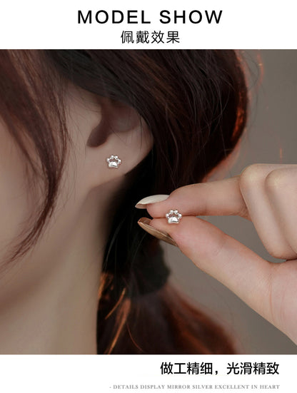 S925 Sterling Silver Needle Small Cat Paw Earrings for Women