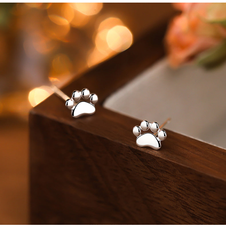 S925 Sterling Silver Needle Small Cat Paw Earrings for Women