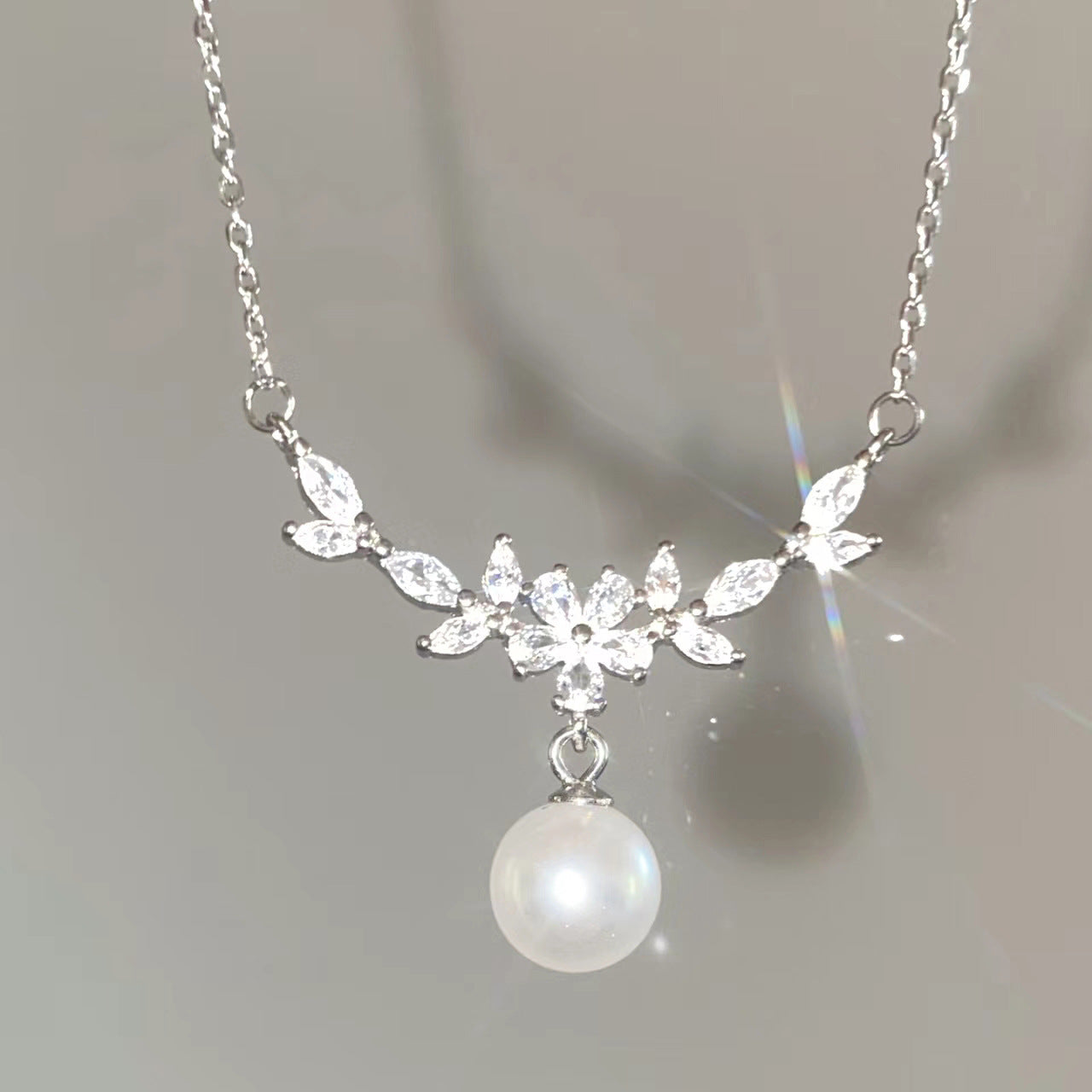 Zircon Flower Branch Pearl Necklace for Women