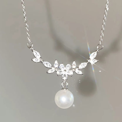 Zircon Flower Branch Pearl Necklace for Women