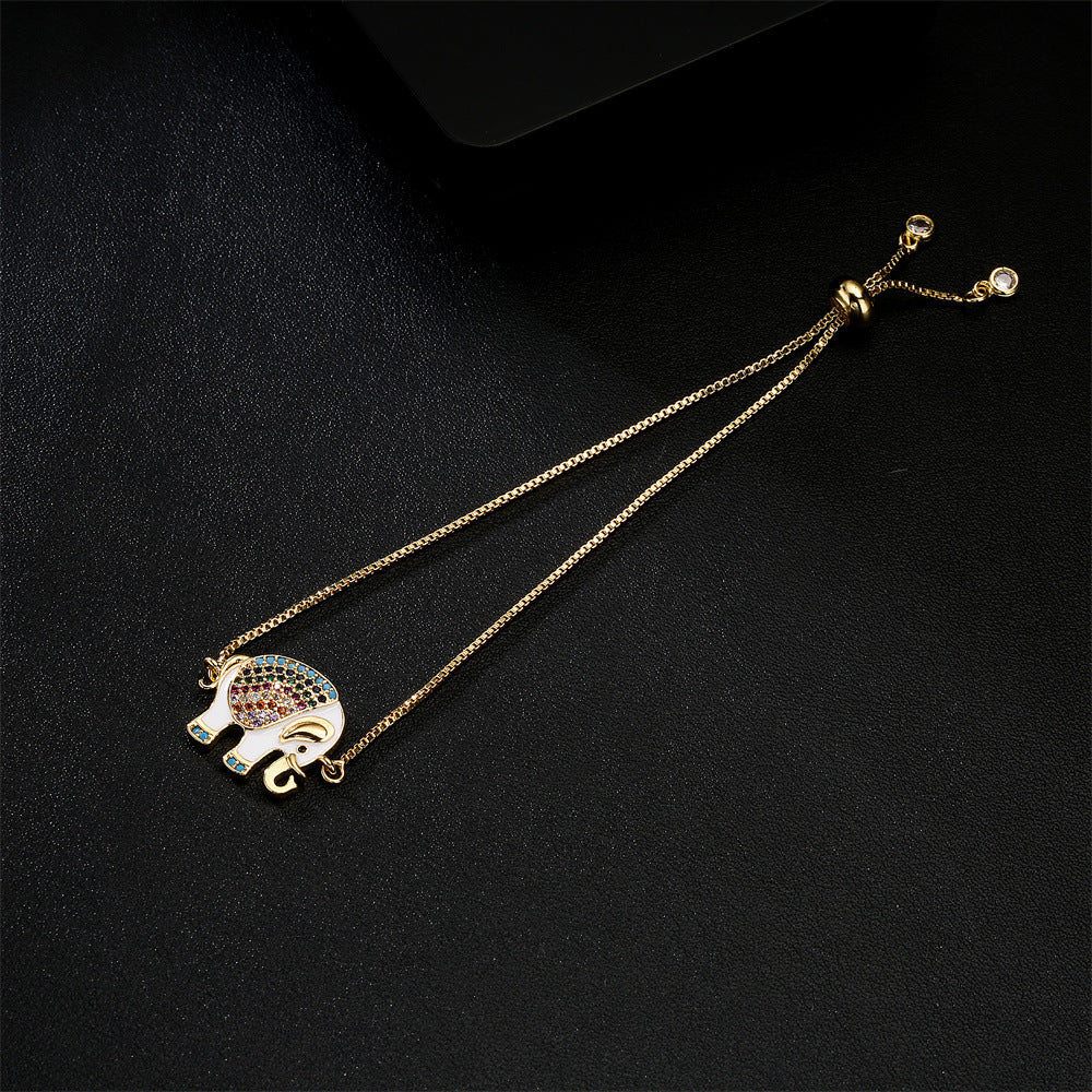 Oil-Drip Zircon Elephant Ornament Gold Bracelet Adjustable Pull Chain