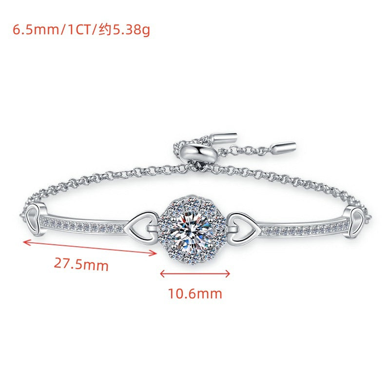 Moissanite Bracelet Adjustable Push-Pull Beads Round 1 Carat Fashion Light Luxury 925 Sterling Silver Bracelet for Women