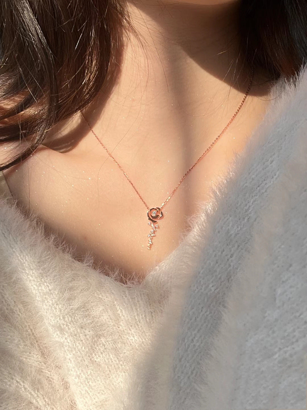 Rose Cloud Pink Diamond Rose Flower Necklace for Women