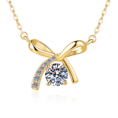 S925 Sterling Silver Necklace for Women with Bowknot Chain, High-end Fashion Jewelry Manufacturer, Moissanite Pendant Wholesale Cross-border
