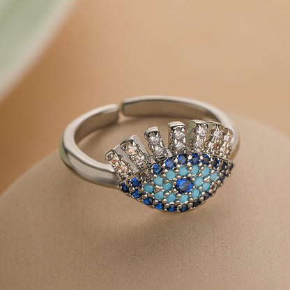 Trendy Copper Gold-Plated Zircon Devil's Eye Open Ring for Women, Niche Light Luxury Vintage Ring