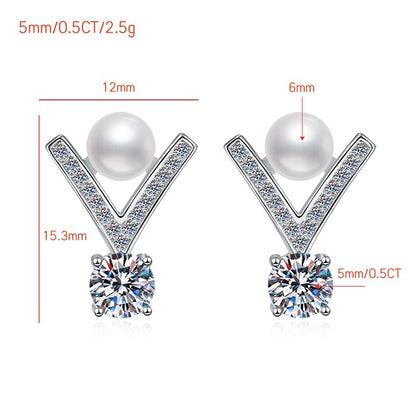Sterling Silver Earrings V-Shaped Freshwater Pearl Earrings Inlaid with D Color Moissanite Elegant Light Luxury Women's Fashion Earrings