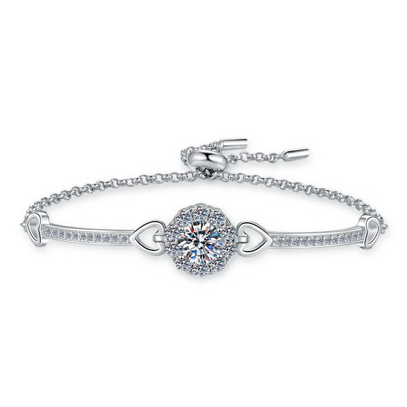 Moissanite Bracelet Adjustable Push-Pull Beads Round 1 Carat Fashion Light Luxury 925 Sterling Silver Bracelet for Women