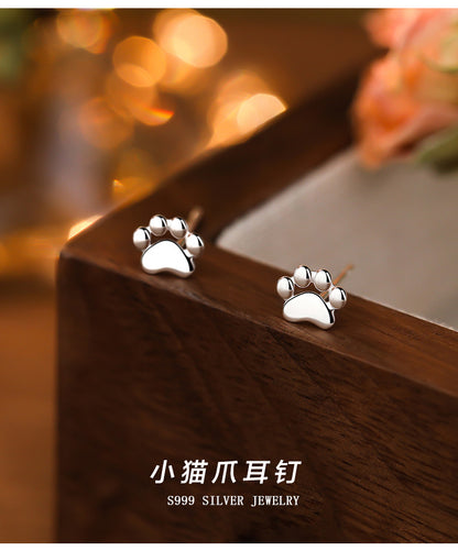 S925 Sterling Silver Needle Small Cat Paw Earrings for Women