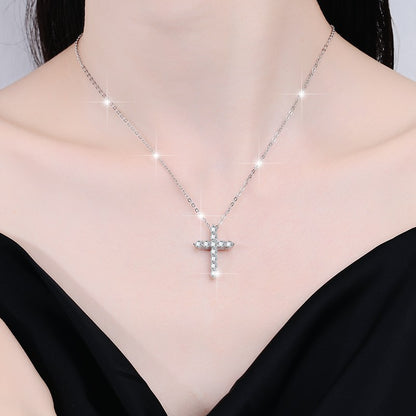 S925 Sterling Silver Women's Necklace Vintage Moissanite Pendant Guardian Peace Cross Clavicle Chain