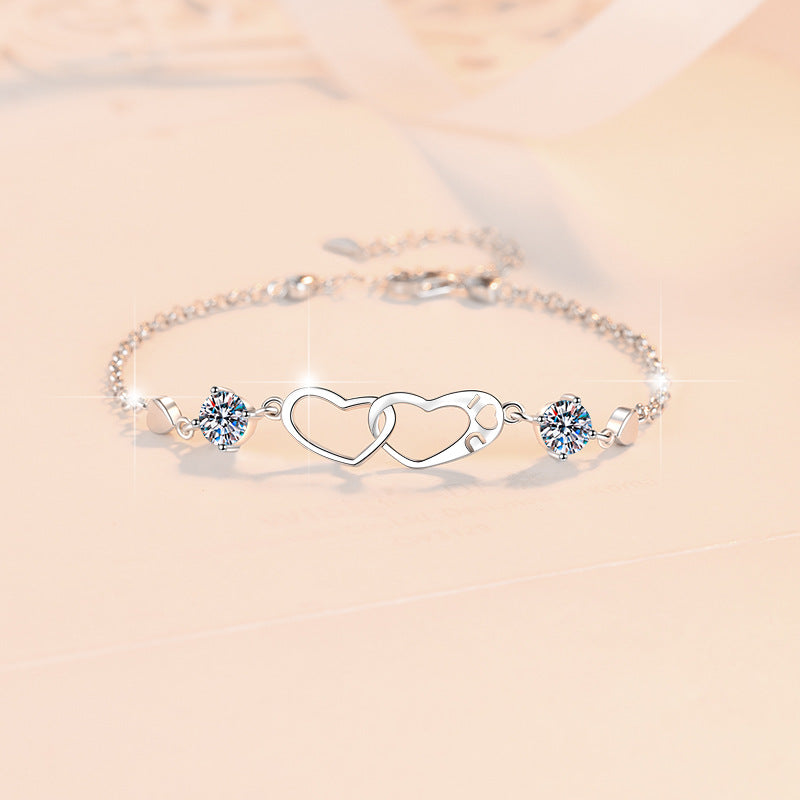 Korean Version Moissanite Bracelet for Women 1 Carat Heart-Shaped Double Ring Bracelet s925 Sterling Silver