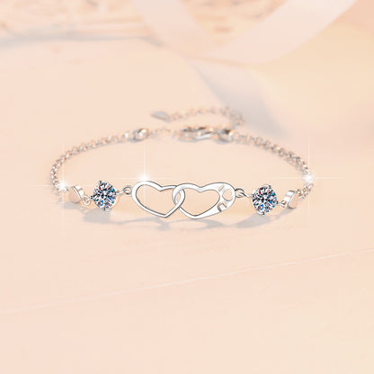 Korean Version Moissanite Bracelet for Women 1 Carat Heart-Shaped Double Ring Bracelet s925 Sterling Silver