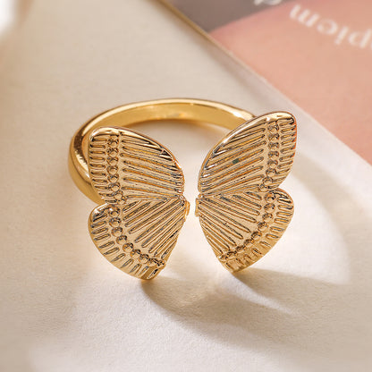 Vintage Copper Plated 18K Gold Butterfly Shape Open Ring for Women, Niche High-end Personality Ring