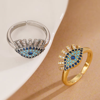 Trendy Copper Gold-Plated Zircon Devil's Eye Open Ring for Women, Niche Light Luxury Vintage Ring