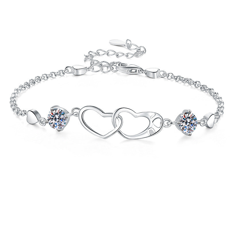 Korean Version Moissanite Bracelet for Women 1 Carat Heart-Shaped Double Ring Bracelet s925 Sterling Silver