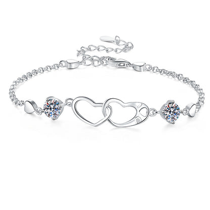 Korean Version Moissanite Bracelet for Women 1 Carat Heart-Shaped Double Ring Bracelet s925 Sterling Silver