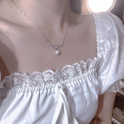 Zircon Flower Branch Pearl Necklace for Women