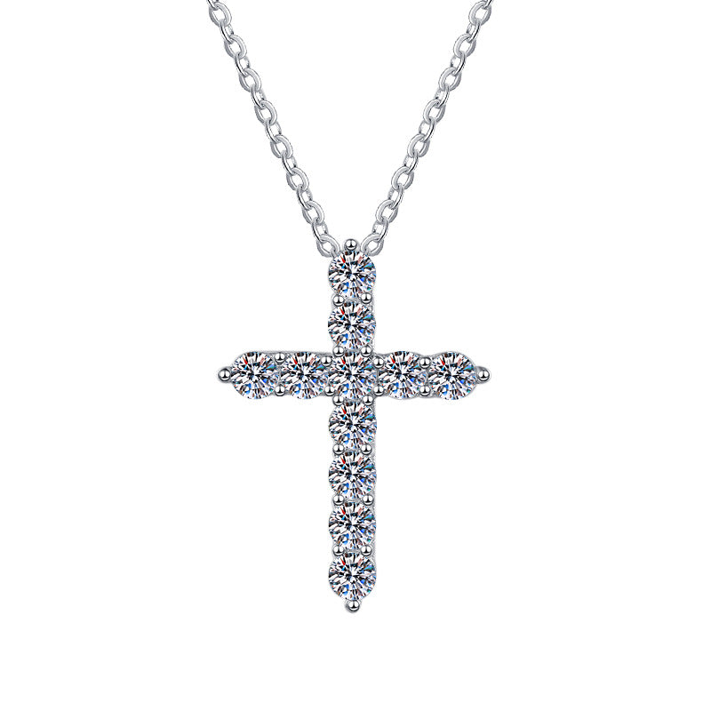 S925 Sterling Silver Women's Necklace Vintage Moissanite Pendant Guardian Peace Cross Clavicle Chain