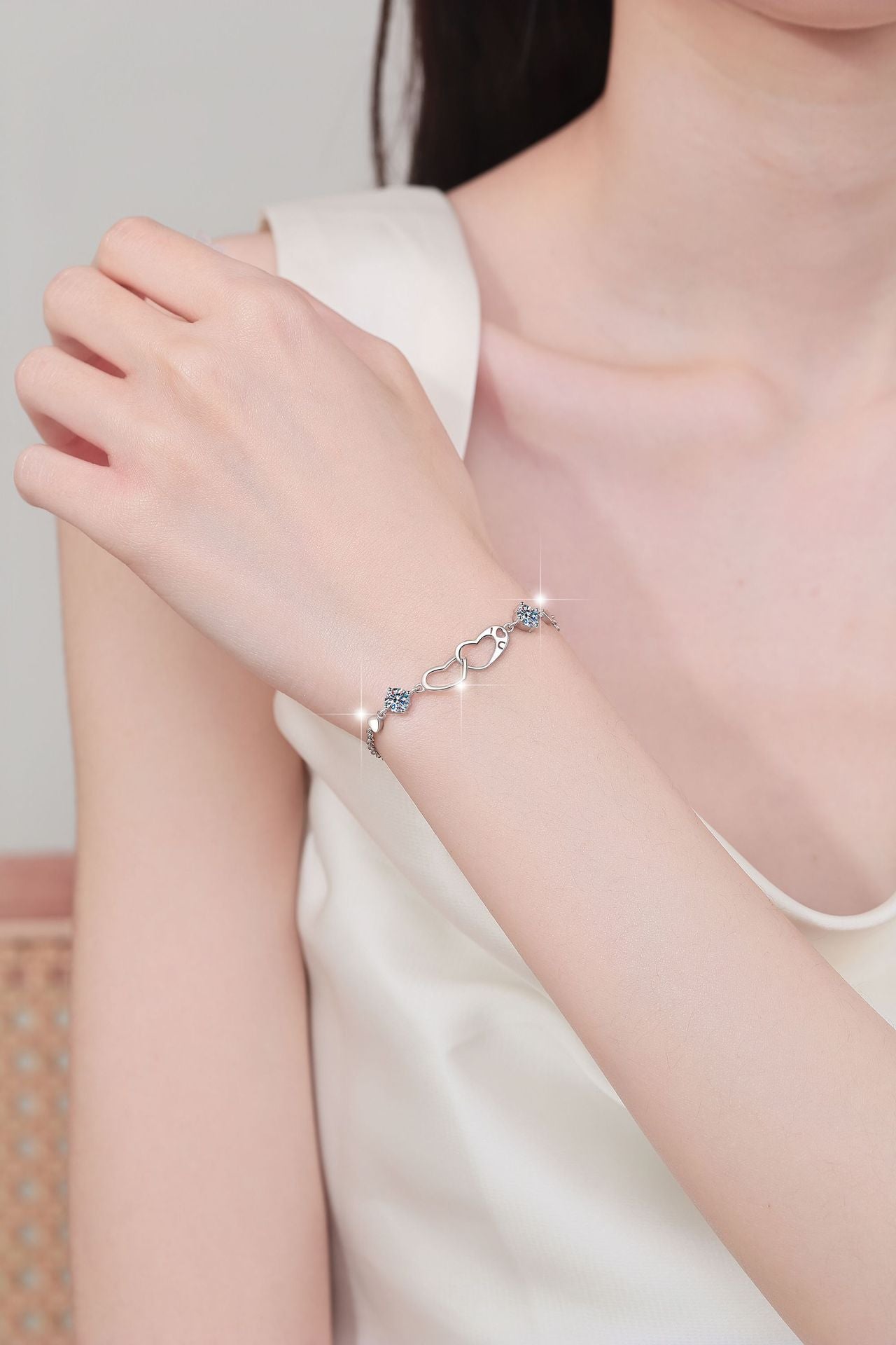 Korean Version Moissanite Bracelet for Women 1 Carat Heart-Shaped Double Ring Bracelet s925 Sterling Silver